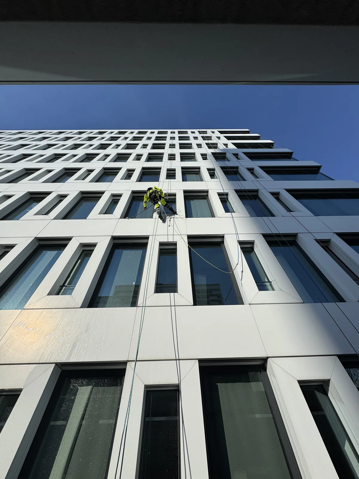 Industriekletterer am Seil an einer Glasfassade